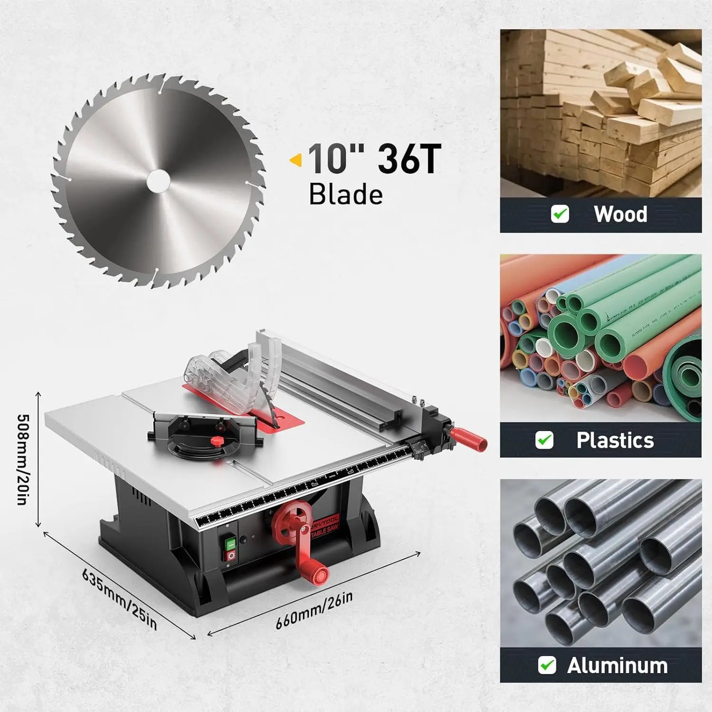 Mini Benchtop 10" Table Saw with 36T Blade for Wood PVC Aluminum Metal Cutting Home Workshop