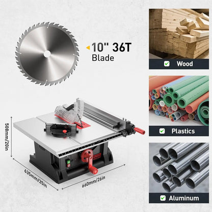 Mini Benchtop 10" Table Saw with 36T Blade for Wood PVC Aluminum Metal Cutting Home Workshop