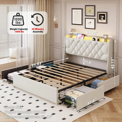 Upholstered Platform Bed with 4 Drawers & Storage Headboard