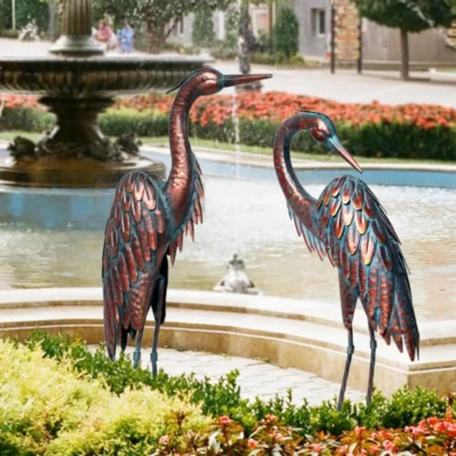 Metal Crane Statues - Set of 2 Bronze Heron Sculptures for Garden Patio or Yard Decor