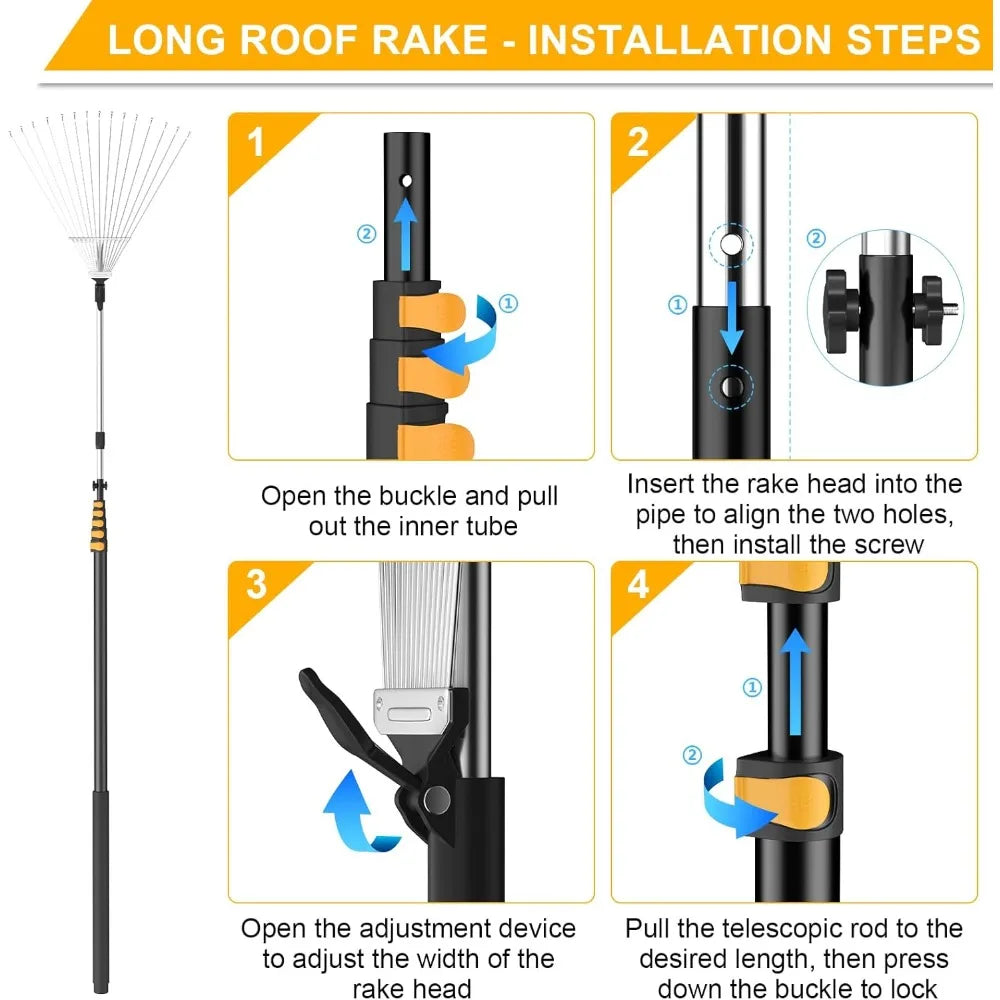 Roof and Yard Rake 7-31 FT, Dual Use to Clean Leaves, Branches and Debris for Roofs/Lawn