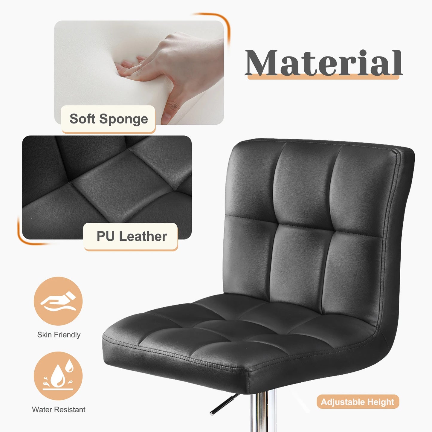 PU Leather Upholstered Bar Stools Set of 2, Counter Height, Comfortable Backrest, SGS Certified Gas Gylinder