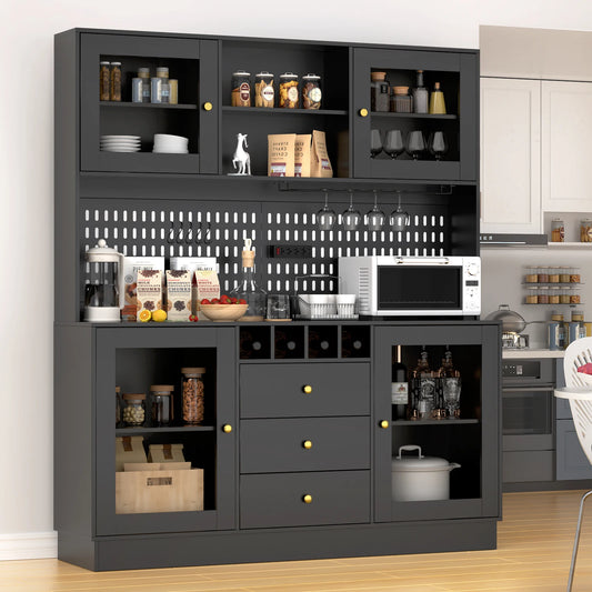 Pantry Cabinet, Kitchen Storage Cabinet, Freestanding Buffet Hutch with Pegboard, Cup Holder, Power Outlet