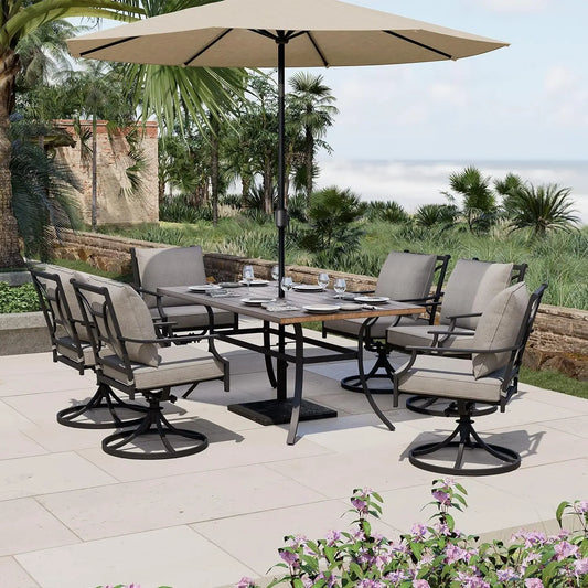 7-Piece Outdoor Patio Dining Set, 6 Swivel Chairs with Cushions & Black Rectangular Dining Table