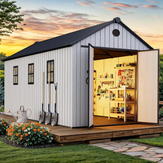 8x16 FT Waterproof Outdoor Storage Shed with Floor, Lockable Doors, for Tools & Bikes