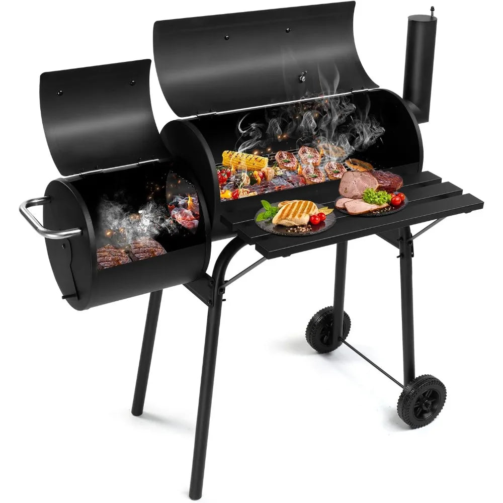 Large BBQ Smoker Grill with Offset Smoker on Wheels for Backyard and Patio Parties
