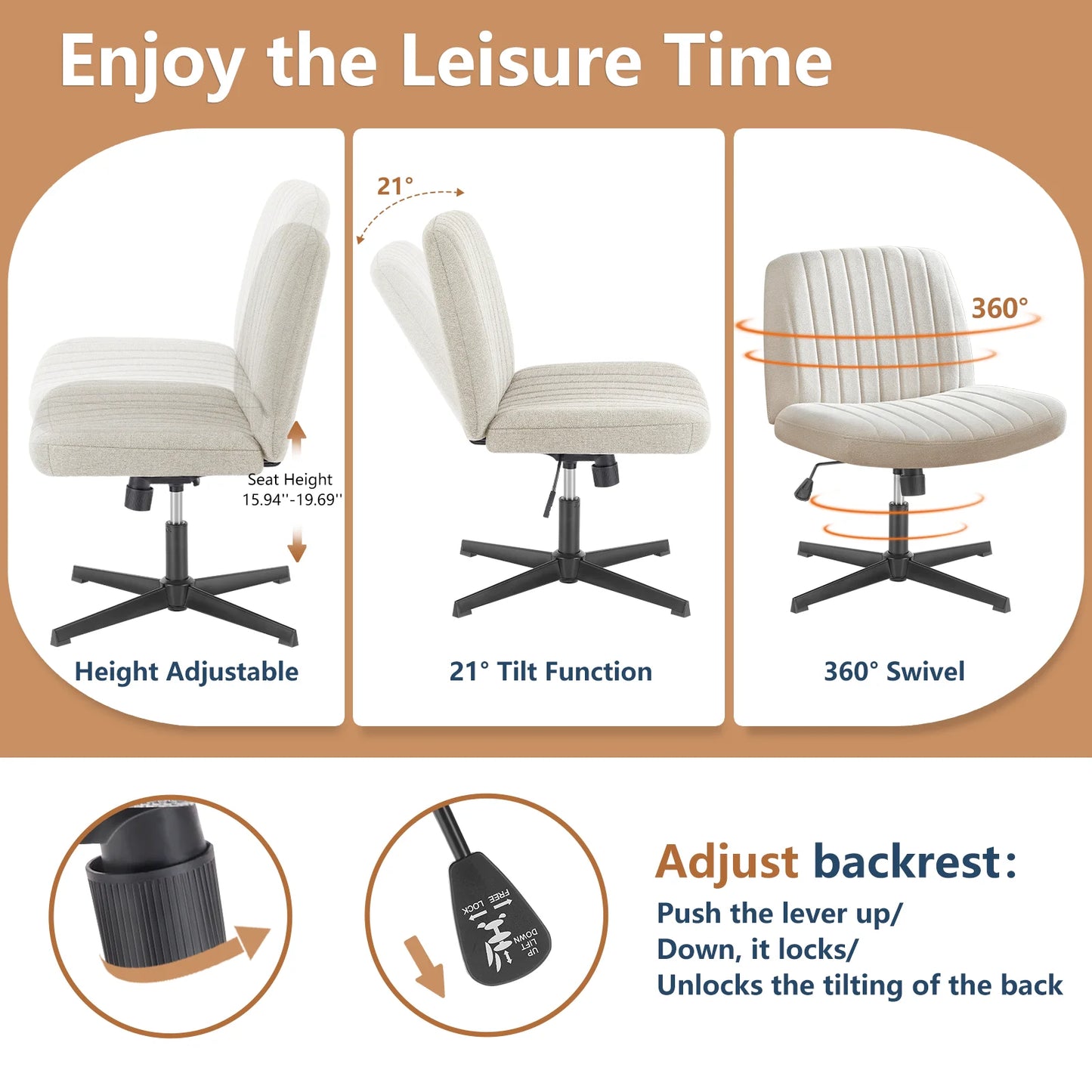 Adjustable Swivel Cross Legged Office, Living Room, Armless Gaming Chair, Vanity, Home Office