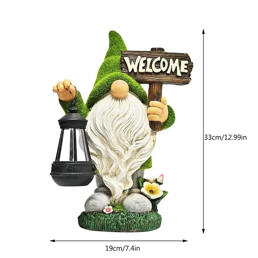 Large Outdoor Resin Gnome Statue with Lantern Solar Light And Welcome Sign