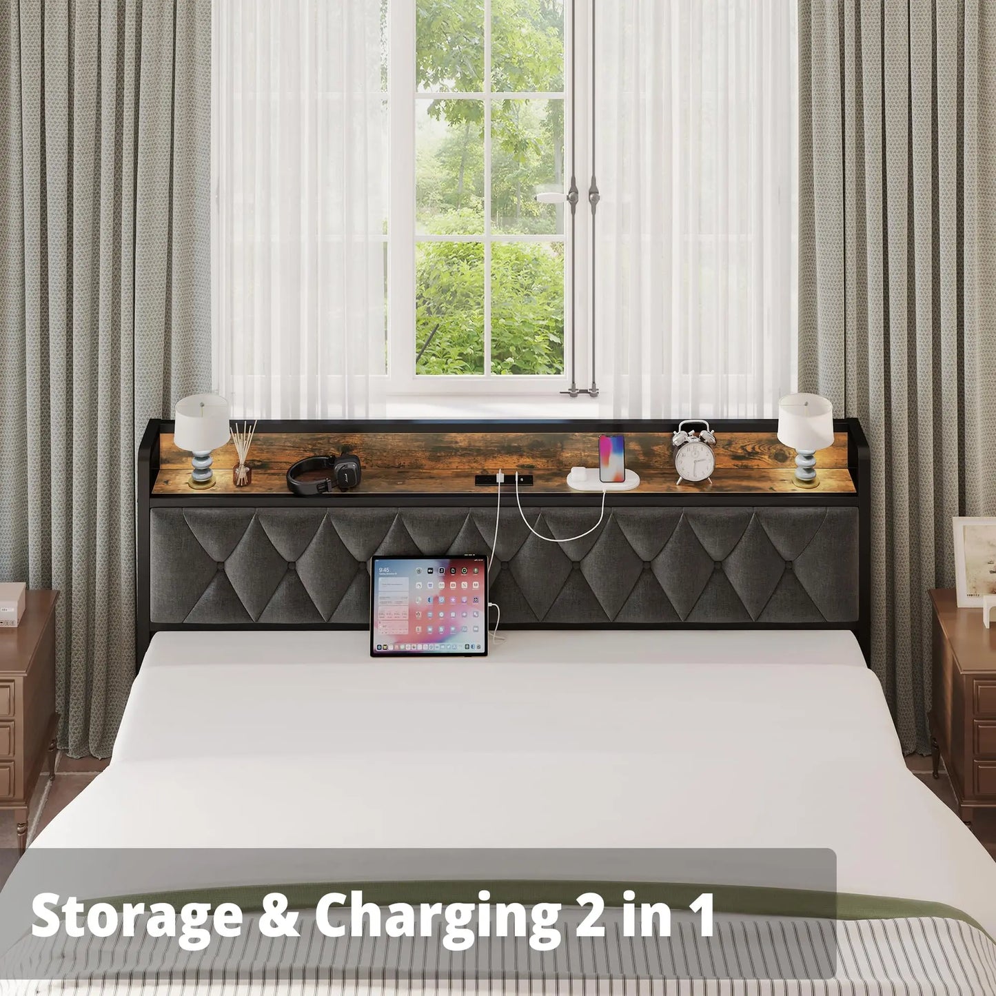 Bed Frames, Storage Headboard with Outlets, No Noise