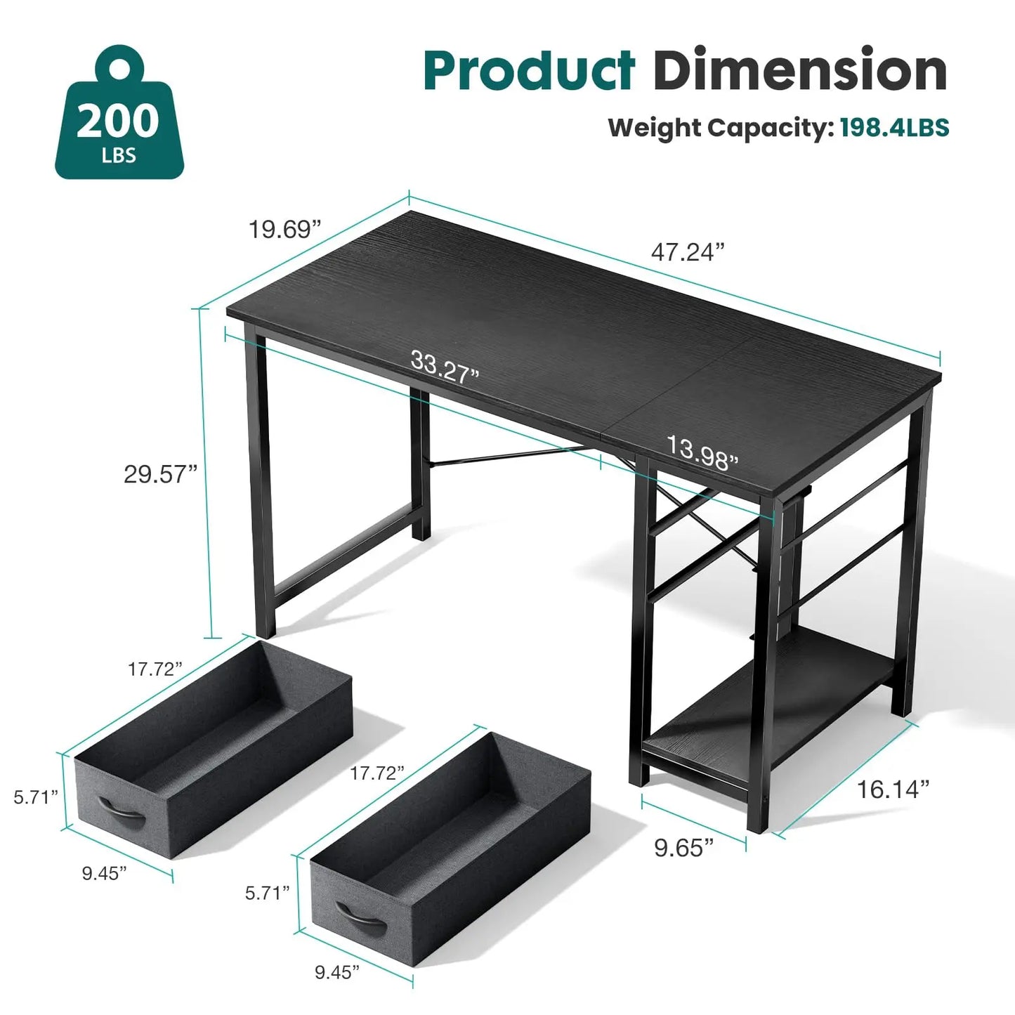 47IN Modern Computer Desk with 2 Drawers For Study, Office, Gaming room