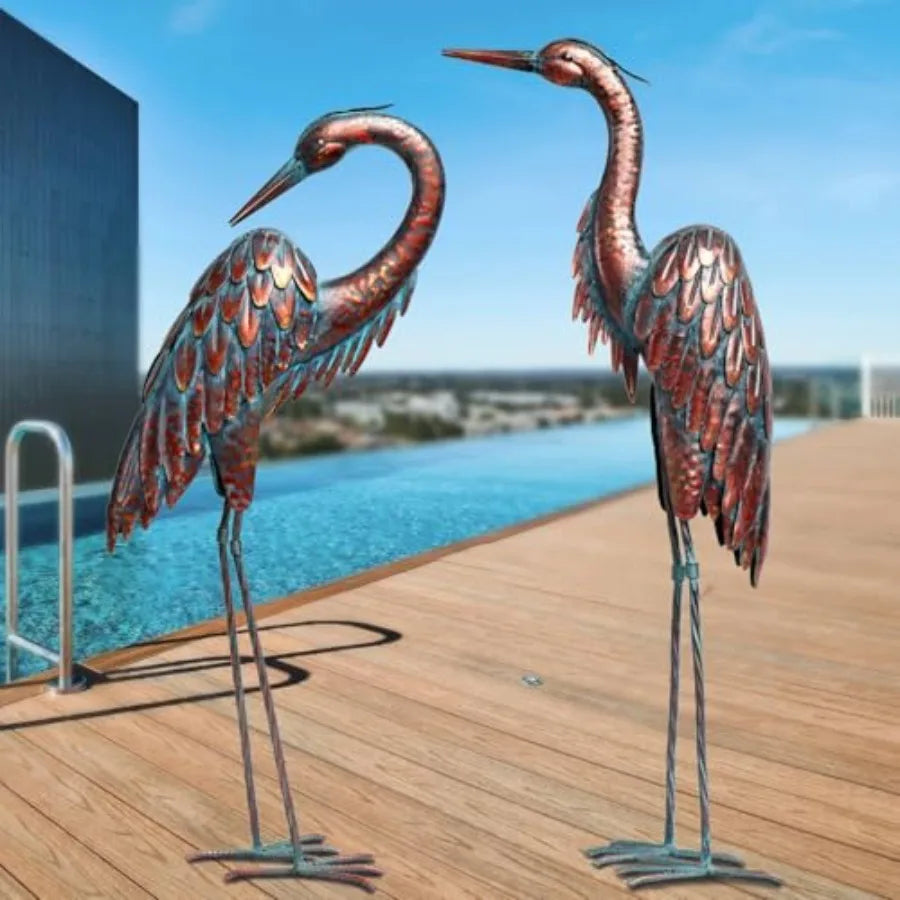 Metal Crane Statues - Set of 2 Bronze Heron Sculptures for Garden Patio or Yard Decor