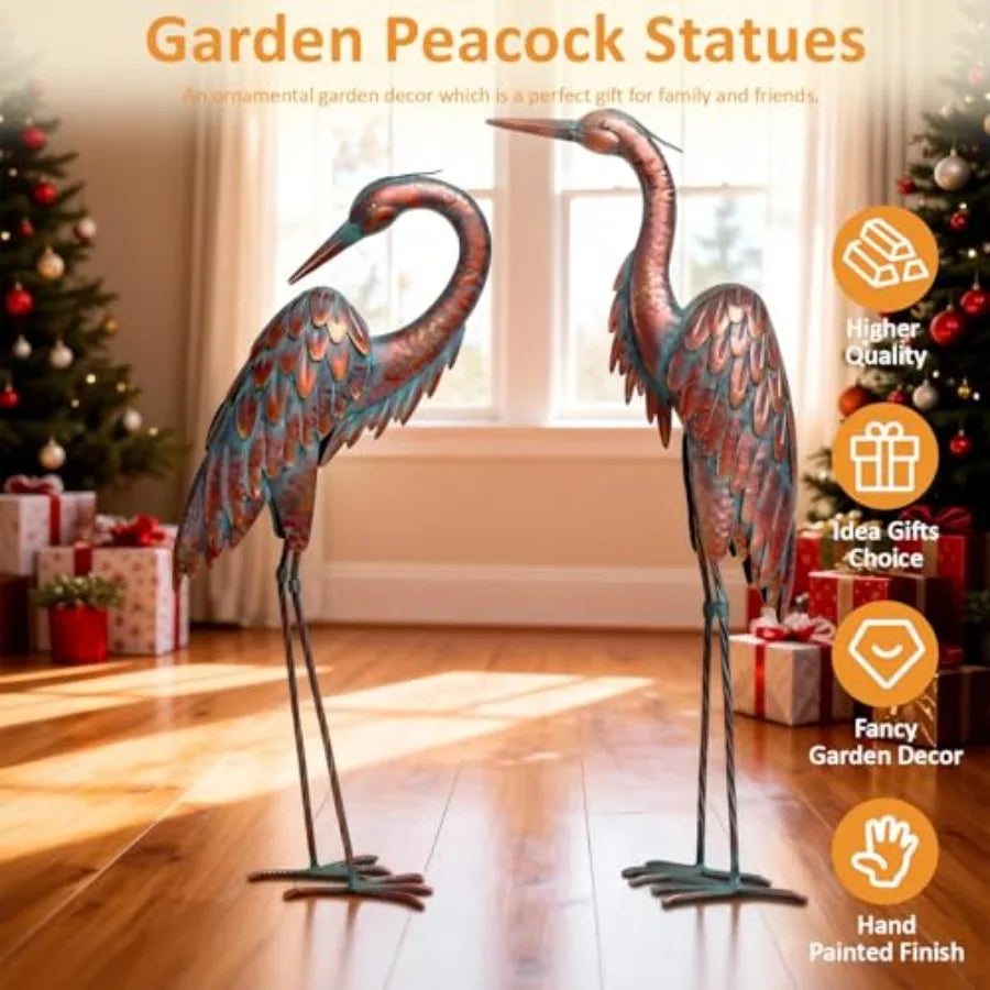 Metal Crane Statues - Set of 2 Bronze Heron Sculptures for Garden Patio or Yard Decor