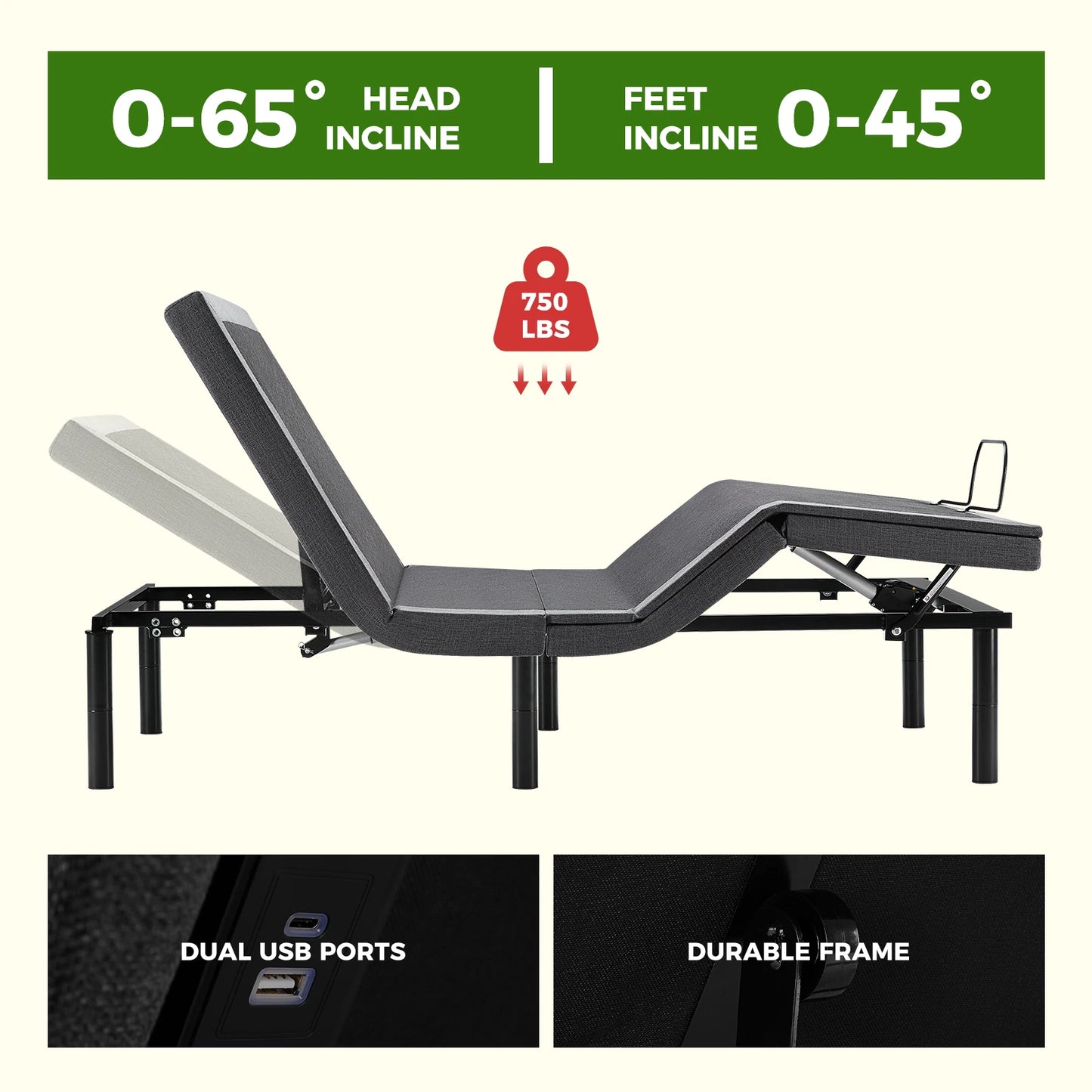 Electric Adjustable, Ergonomic Bed Frame with Wireless Remote, Zero Gravity Bed with 2 USB Ports For Bed Room