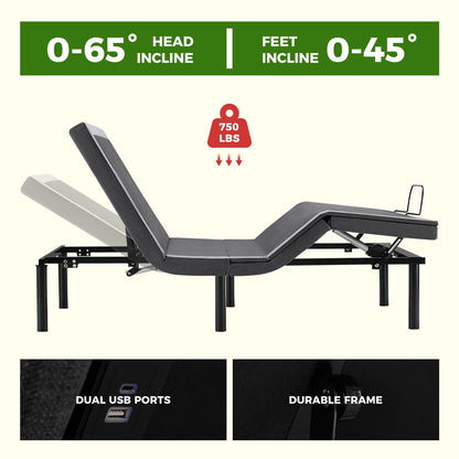 Electric Adjustable, Ergonomic Bed Frame with Wireless Remote, Zero Gravity Bed with 2 USB Ports For Bed Room
