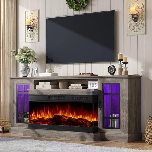 75in 3-Sided Glass Fireplace TV Stand with LED Lights for TVs up to 85"
