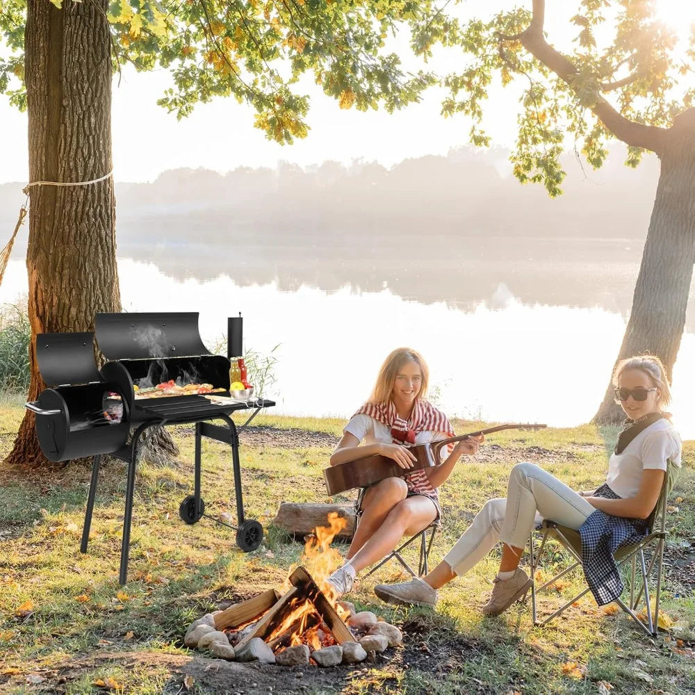 Large BBQ Smoker Grill with Offset Smoker on Wheels for Backyard and Patio Parties
