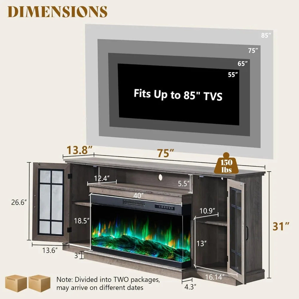 75in 3-Sided Glass Fireplace TV Stand with LED Lights for TVs up to 85"