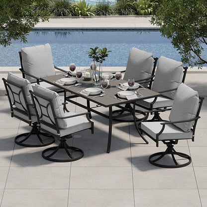 7-Piece Outdoor Patio Dining Set, 6 Swivel Chairs with Cushions & Black Rectangular Dining Table