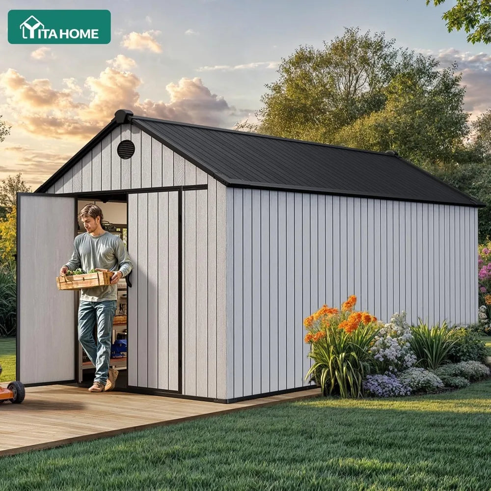 8x16 FT Waterproof Outdoor Storage Shed with Floor, Lockable Doors, for Tools & Bikes