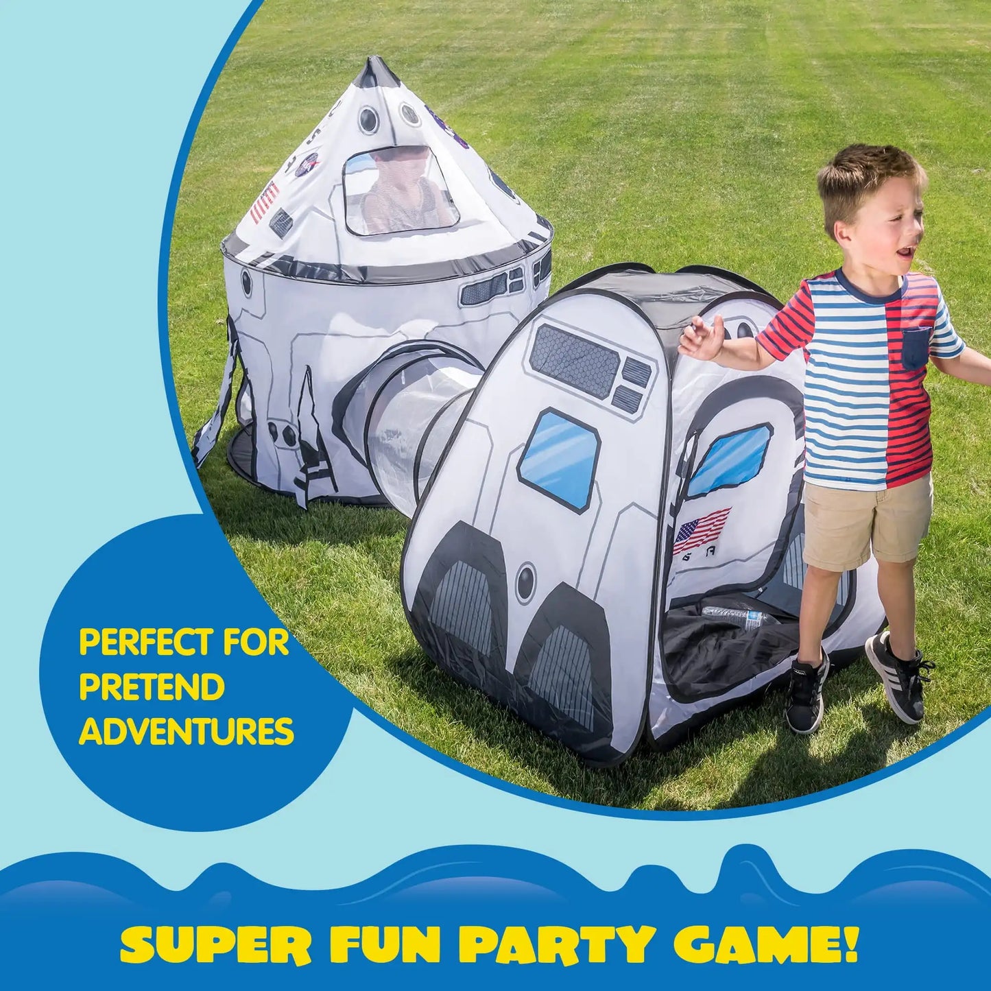 Rocket Ship Pop up Playhouse with Tunnel, 3-Piece Play Tent for Kids