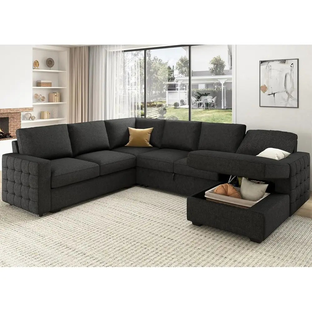 Gray Sectional Sofa with Hidden Bed and Storage