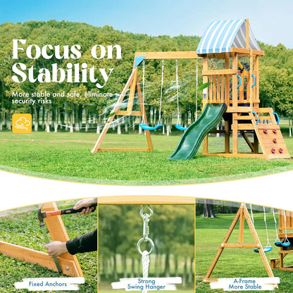 Wooden Swing Set with Dual Swings, Slide, Rock Climbing Wall, Chalkboard and Telescope Fort for Backyard Fun for Kids