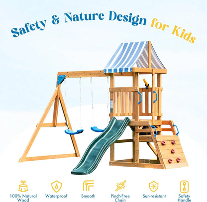 Wooden Swing Set with Dual Swings, Slide, Rock Climbing Wall, Chalkboard and Telescope Fort for Backyard Fun for Kids