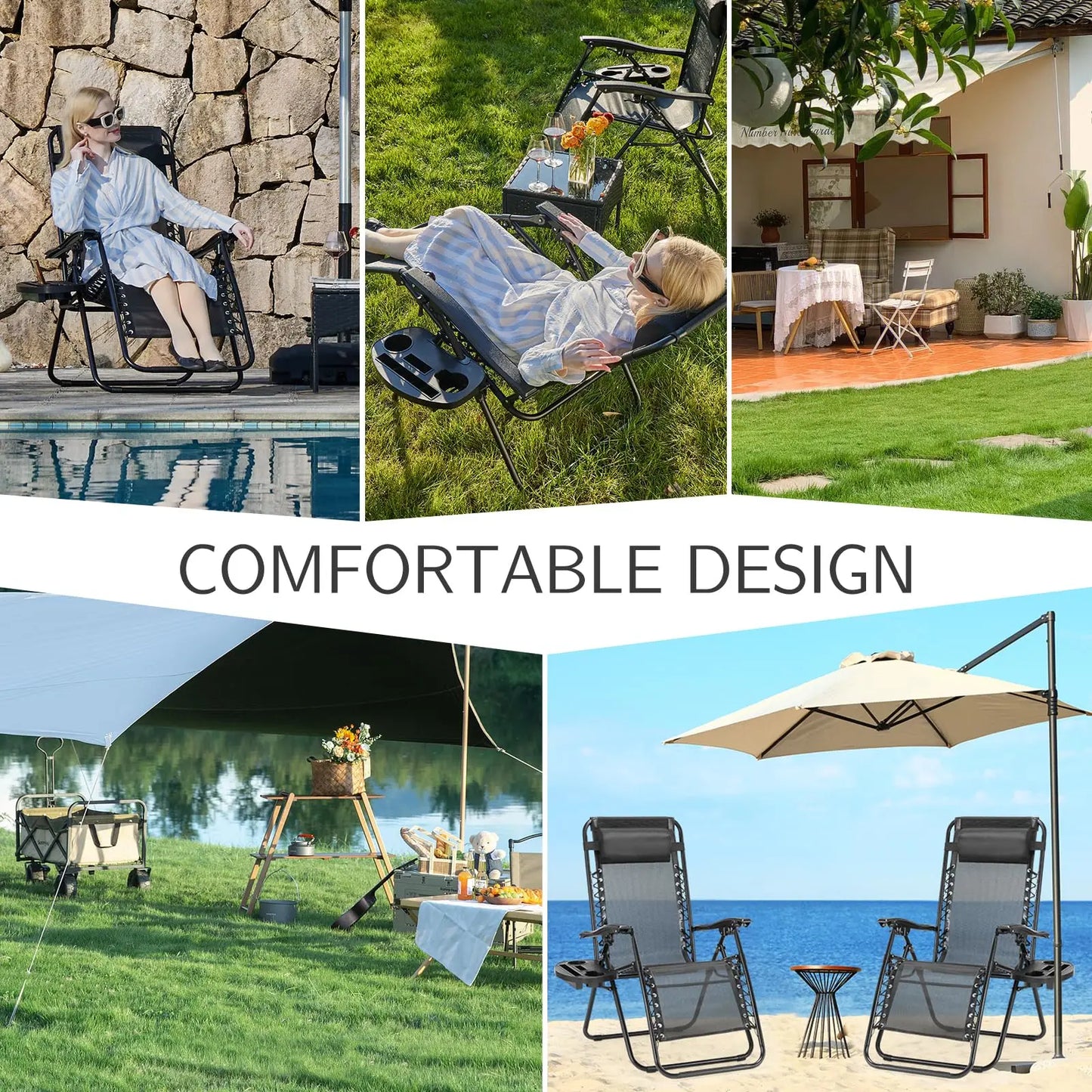 Zero Gravity Set of 2 Portable Recliner Lounge Chairs with Cup Holder Trays and Adjustable Pillow