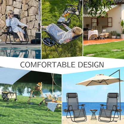Zero Gravity Set of 2 Portable Recliner Lounge Chairs with Cup Holder Trays and Adjustable Pillow