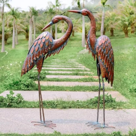 Metal Crane Statues - Set of 2 Bronze Heron Sculptures for Garden Patio or Yard Decor