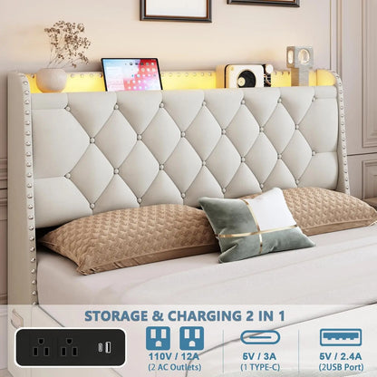 Upholstered Platform Bed with 4 Drawers & Storage Headboard