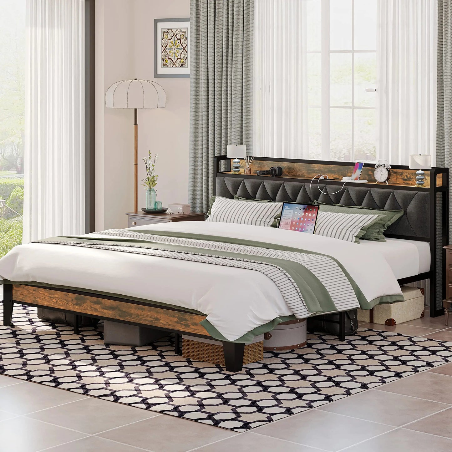 Bed Frames, Storage Headboard with Outlets, No Noise