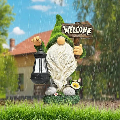 Large Outdoor Resin Gnome Statue with Lantern Solar Light And Welcome Sign