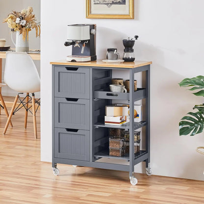 Kitchen Island Rolling Storage Cart with Bamboo Countertop, 3 Drawers, 3 Removable Shelves & Lockable Casters