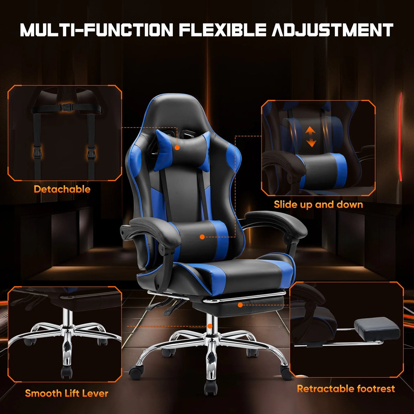 PU Leather Ergonomic Racing style Gaming Chair, Adjustable Swivel with Headrest and Lumbar Support For Office, Computer, gaming Room