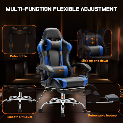 PU Leather Ergonomic Racing style Gaming Chair, Adjustable Swivel with Headrest and Lumbar Support For Office, Computer, gaming Room