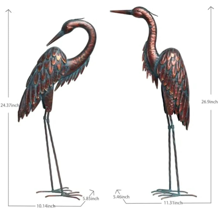 Metal Crane Statues - Set of 2 Bronze Heron Sculptures for Garden Patio or Yard Decor