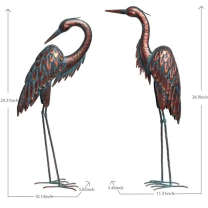 Metal Crane Statues - Set of 2 Bronze Heron Sculptures for Garden Patio or Yard Decor